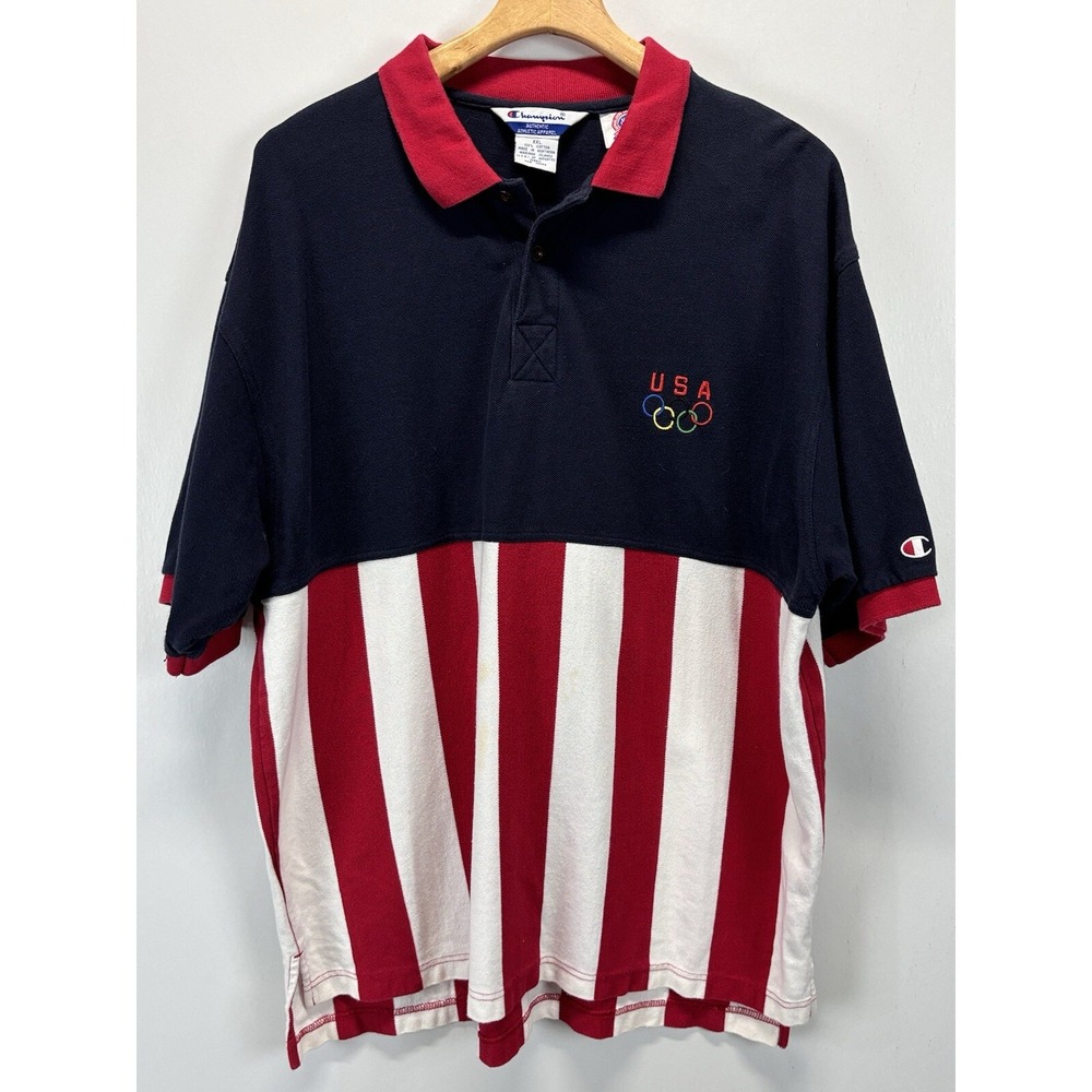 Vtg Champion American Flag Olympic Polo Shirt Sz XXL 2XL Mens *flaws* USA